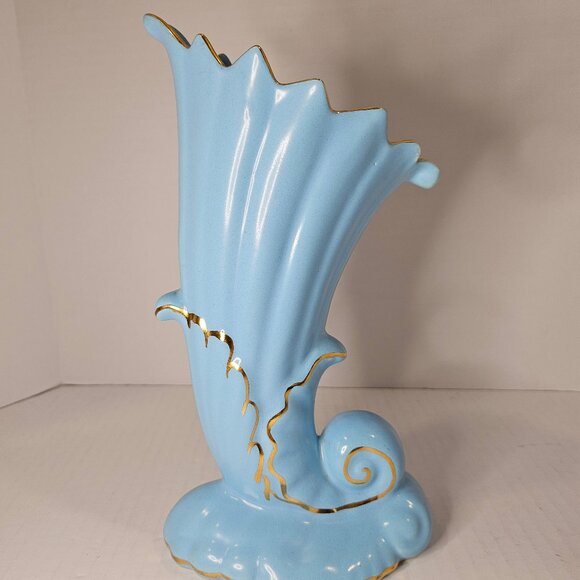 Vintage Nor-So USA Mid Century Baby Blue Hand Painted And Gold Trim Art Deco Vas - Picture 1 of 12